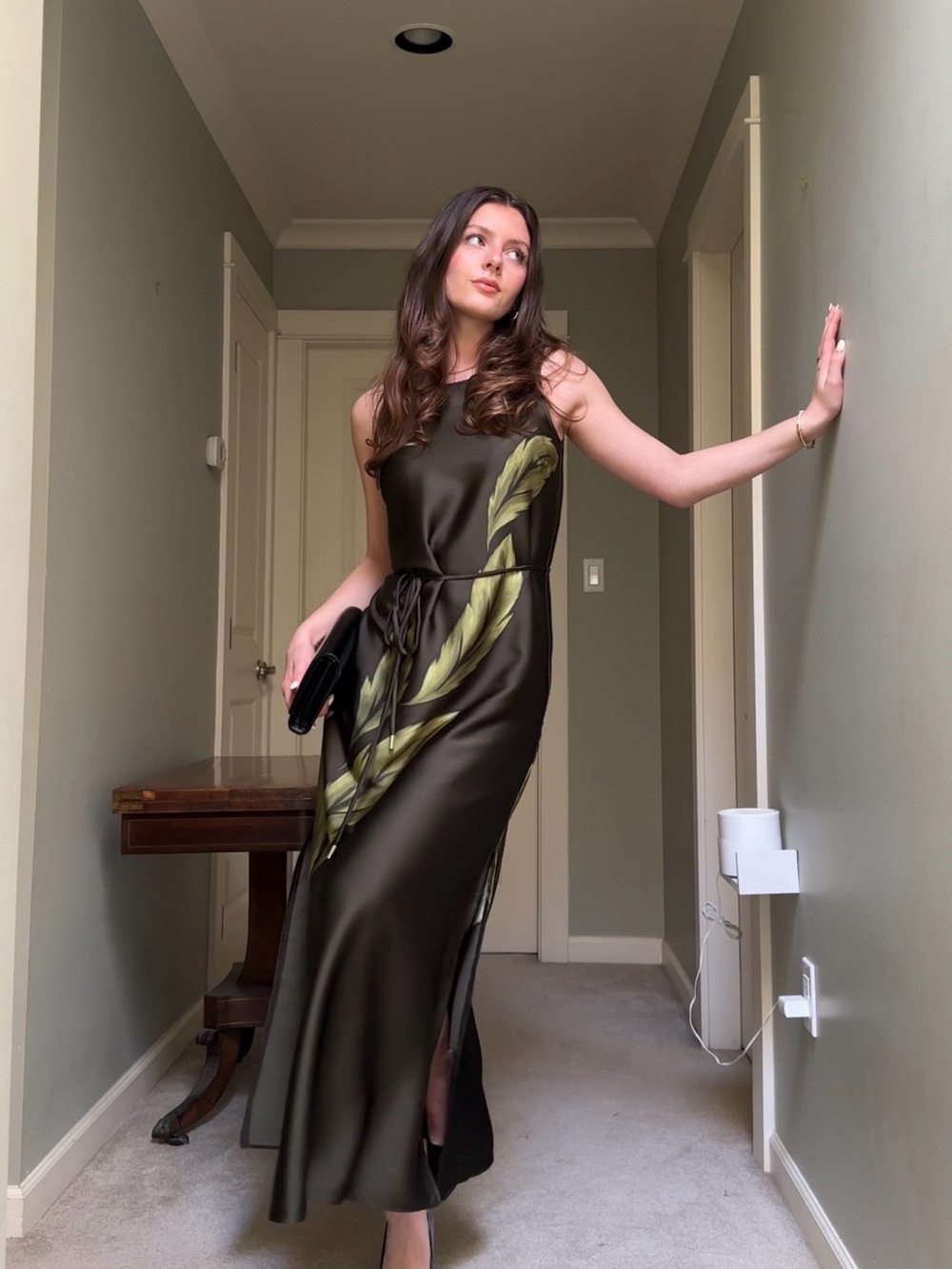 Satin Olive Green Leaf-Print Maxi Dress